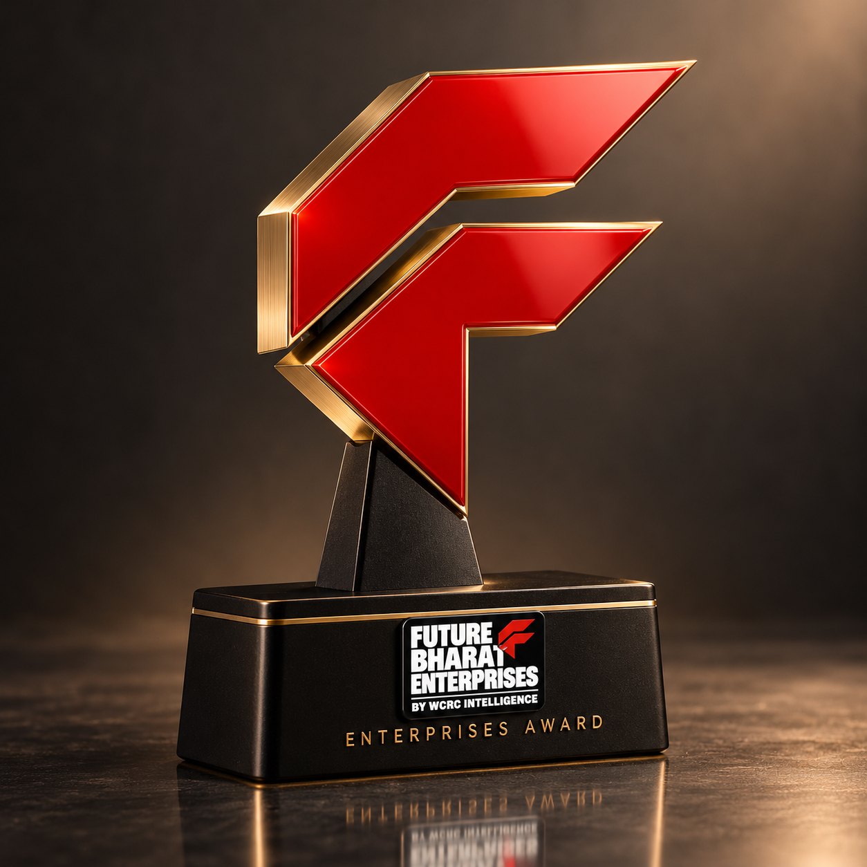 The FutureBharat Enterprises Award trophy on a dark reflective surface