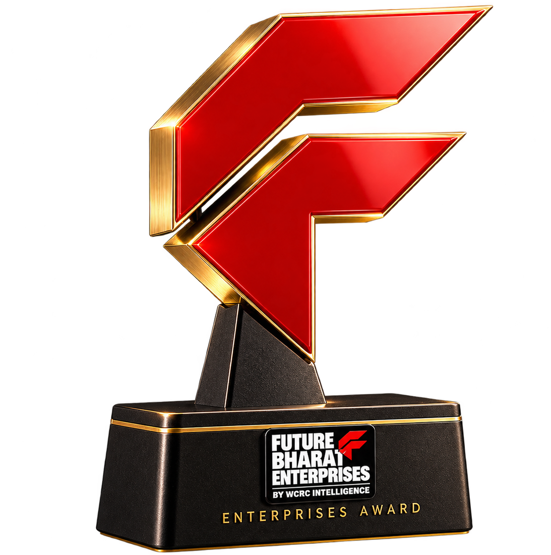 The FutureBharat Enterprises Award trophy: two red chevrons edged in gold, rising from a black plinth