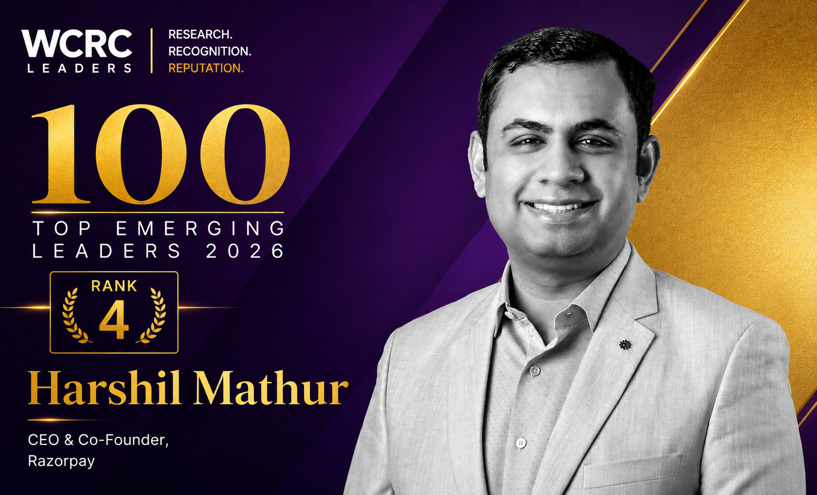 WCRC Asia Top 100 Emerging Leaders 2026 cover — Harshil Mathur ranked No. 4