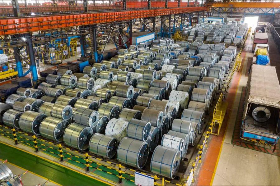 Hot-rolled steel coils stacked for despatch at a Tata Steel plant